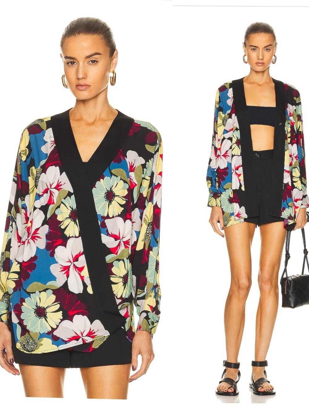 Smythe Black Multicolor Floral Blocked Kimono Blouse